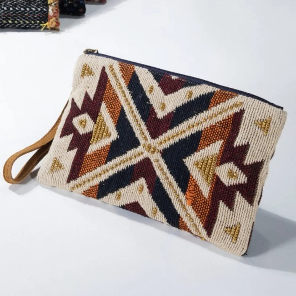 Handmade Hand Beaded Wristlet Clutch - Ethnic Tribal Inspired Design - Yarn Dyed - Picture 4 of 7